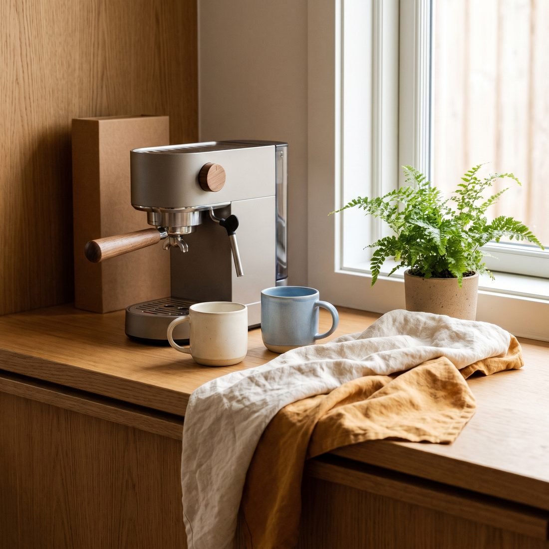 Espresso machine and homeware on a kitchen bench